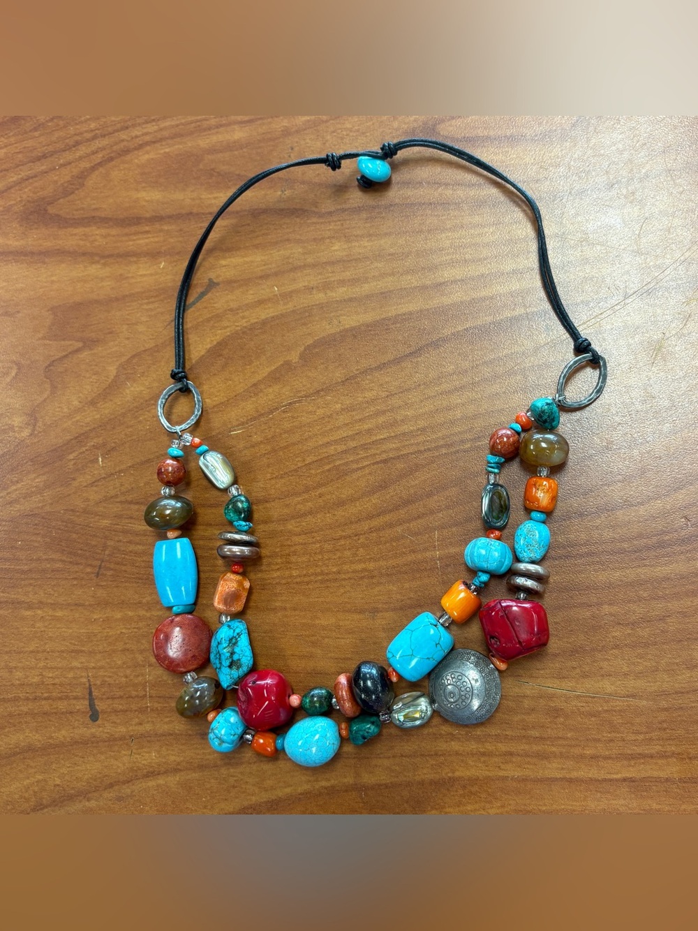 Sterling Multi Turquoise Carnelian Abalone Southwest Bohemian Leather Necklace